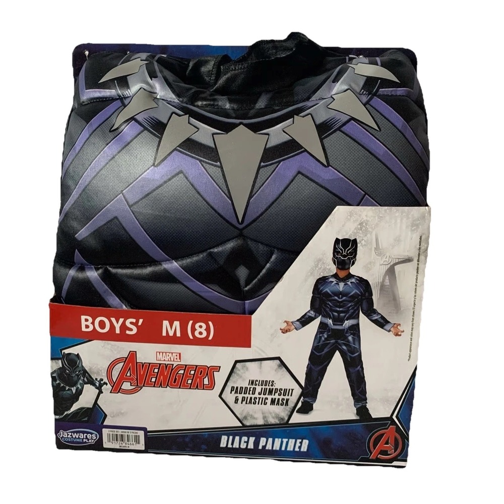 Black Panther Costume Boys Med 8 All Offers Considered Padded Jumpsuit Mask NIB - Picture 4 of 4